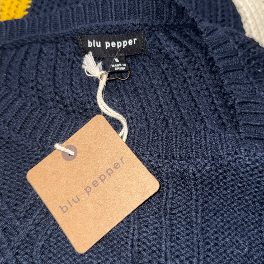 NWT Color Block Cable Knit Oversized Navy Mustard Cream Boho Chunky Sweater S - Picture 4 of 4